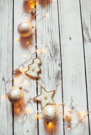 Christmas background frame no the wooden floorの写真素材