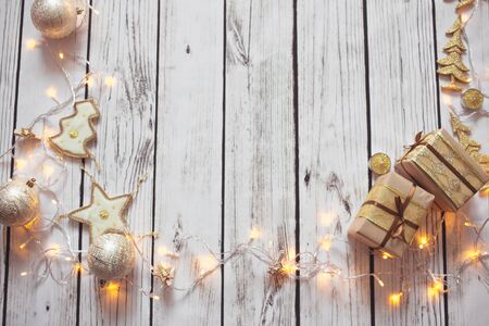 Christmas background frame no the wooden floorの写真素材