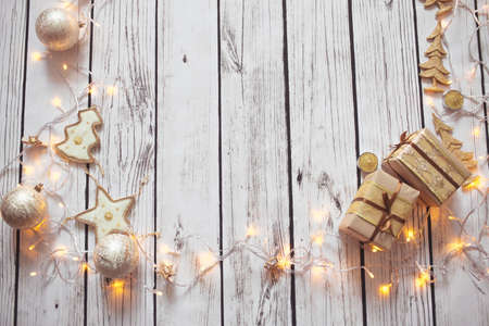 Christmas background frame no the wooden floorの写真素材