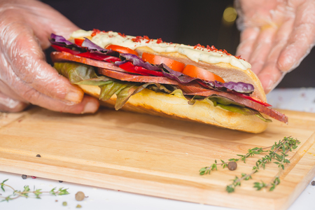 Long Ciabatta Sandwich with lettuce, slices of fresh tomatoes, cucumber and salamiの写真素材