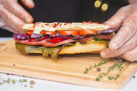 Long Ciabatta Sandwich with lettuce, slices of fresh tomatoes, cucumber and salamiの写真素材