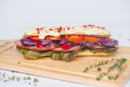 Long Ciabatta Sandwich with lettuce, slices of fresh tomatoes, cucumber and salamiの写真素材