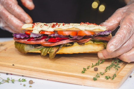 Long Ciabatta Sandwich with lettuce, slices of fresh tomatoes, cucumber and salamiの写真素材