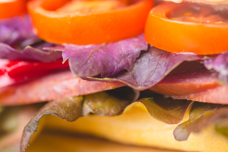 Long Ciabatta Sandwich with lettuce, slices of fresh tomatoes, cucumber and salami