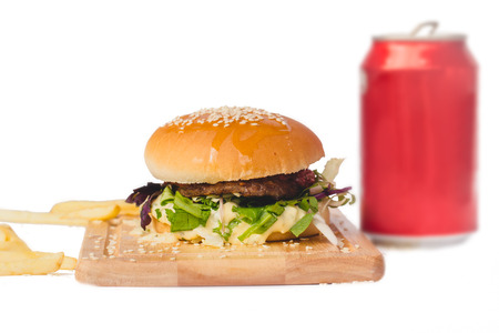 fresh tasty burger and french fries isolated on whiteの写真素材