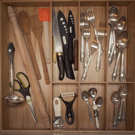 Bamboo box with cutlery. view from aboveの写真素材