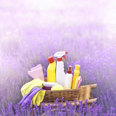 Cleaning products in a plastic bottles with lavender smellの写真素材