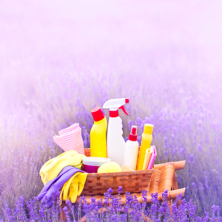 Cleaning products in a plastic bottles with lavender smellの写真素材