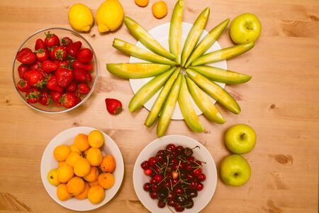 Healthy breakfast on wooden table, upper viewの写真素材