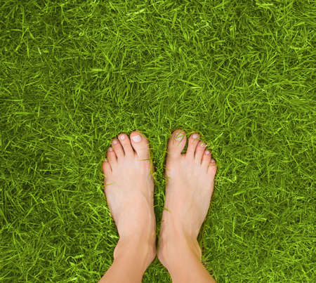 Close up of female crossed legs lying on the grass in a park.の写真素材