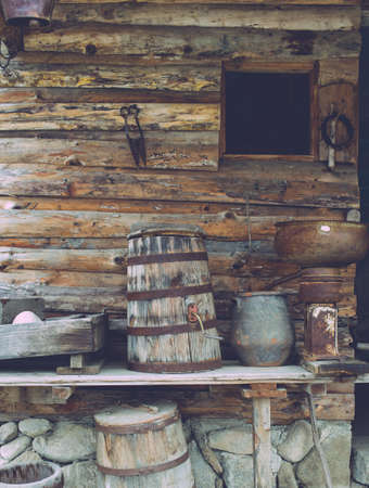 Old wooden house with tolls and wooden equipmentの写真素材
