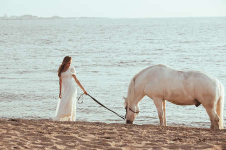 Girl in white dress with horse on the beachの写真素材