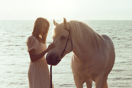 Girl in white dress with horse on the beachの写真素材