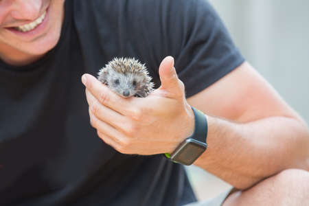 Young man with hedgehog babyの写真素材