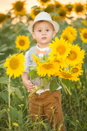 Beautiful child with sunflower in spring fieldの写真素材