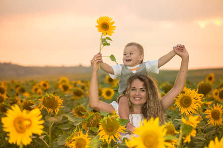 Mother with baby son in sunflower fieldの写真素材