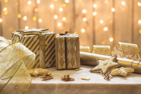 Christmas decoration. Candy stars presents. Lights on backgroundの写真素材