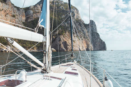 Luxury yacht sailing in the tropical seaの写真素材