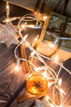Christmas background with lights, ornaments, candy and decorations. Free spaceの写真素材