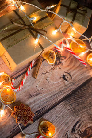 Christmas background with lights, ornaments, candy and decorations. Free spaceの写真素材