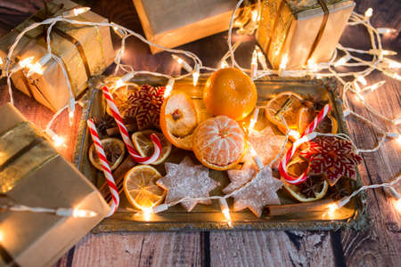 Christmas background with lights, ornaments, candy and decorations. Free spaceの写真素材