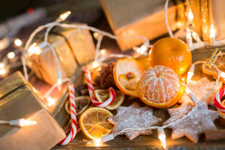 Christmas background with lights, ornaments, candy and decorations. Free spaceの写真素材