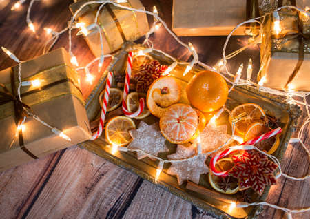 Christmas background with lights, ornaments, candy and decorations. Free spaceの写真素材