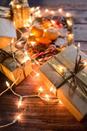 Christmas background with lights, ornaments, candy and decorations. Free spaceの写真素材
