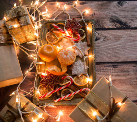 Christmas background with lights, ornaments, candy and decorations. Free spaceの写真素材