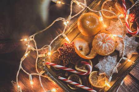 Christmas background with lights, ornaments, candy and decorations. Free spaceの写真素材