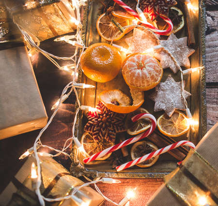 Christmas background with lights, ornaments, candy and decorations. Free spaceの写真素材
