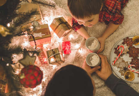 Father and son laying under christmas tree.の写真素材