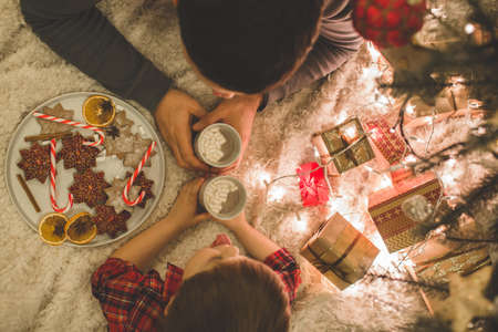 Father and son laying under christmas tree.の写真素材