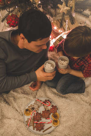 Father and son laying under christmas tree.の写真素材