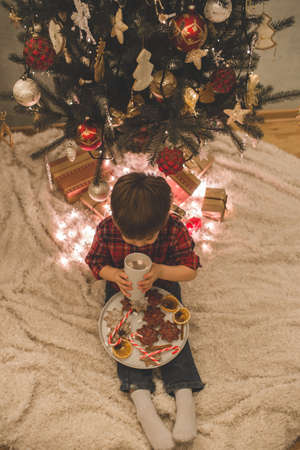 Boy laying under christmas tree with chocolate drink.の写真素材