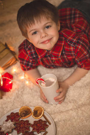 Boy laying under christmas tree with chocolate drink.の写真素材