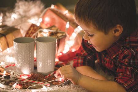 Boy laying under christmas tree with chocolate drink.の写真素材
