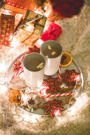 Hot chocolate drink with biscuits under the christmas treeの写真素材