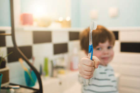 Little boy brushing teethの写真素材