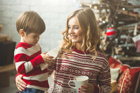 Portrait of happy mother and son on the background of the Christmas tree in new year room. The idea for postcardsの写真素材