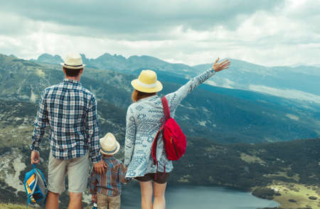 Family traveling in Rila mountains Bulgariaの写真素材