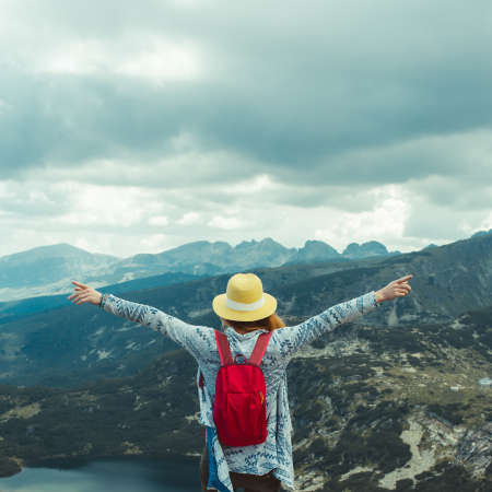 Girl traveling in Rila mountains Bulgariaの写真素材