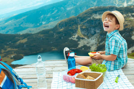Little boy on a picnic in the mountainsの写真素材
