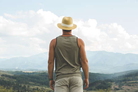 Man traveling in Rila mountains Bulgariaの写真素材