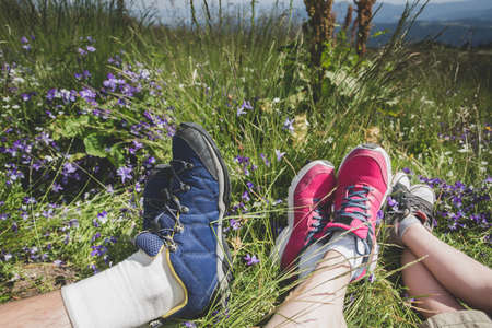 Legs of traveler familyの写真素材