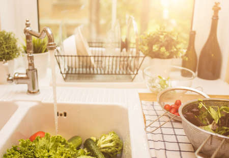 Vegetables lie in the sink near the windowの写真素材