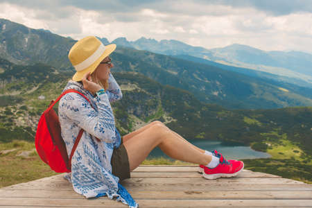 Girl traveling in Rila mountains Bulgariaの写真素材