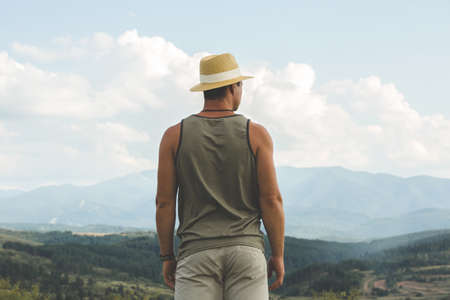 Man traveling in Rila mountains Bulgariaの写真素材