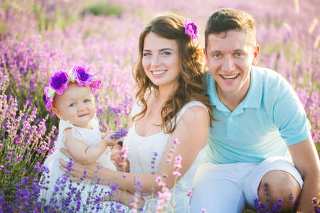 Young family in a lavender fieldの写真素材