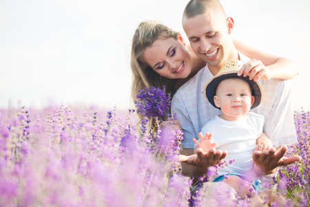 Young family in a lavender fieldの写真素材